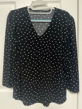 Adrianna Papell Black and White Polka Dot V-Neck Blouse